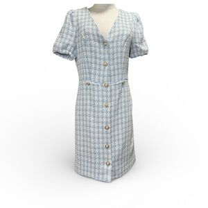 NWT Nanette Lepore Tweed Check Mini Dress Puff Sleeve Pearl Accents Size 8